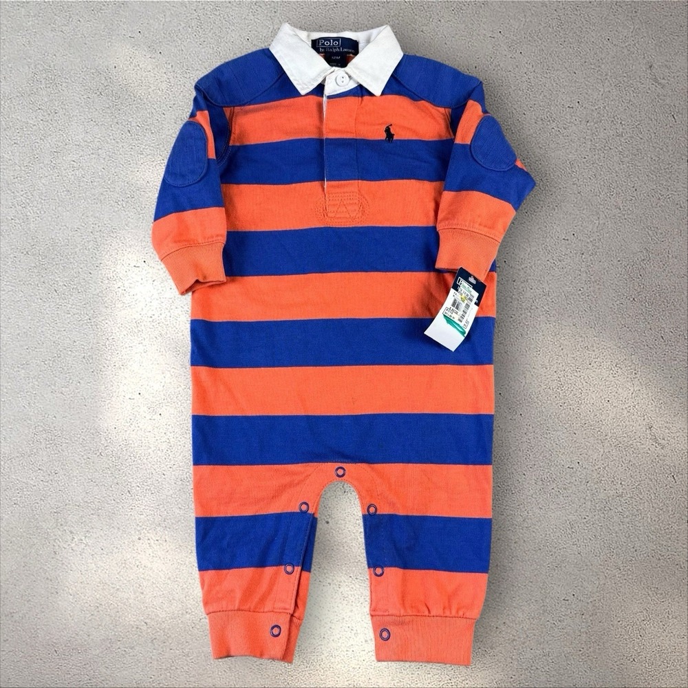 Vtg NOS Polo By Ralph Lauren 12M Baby Rugby One Piece Romper Stripe Blue Orange